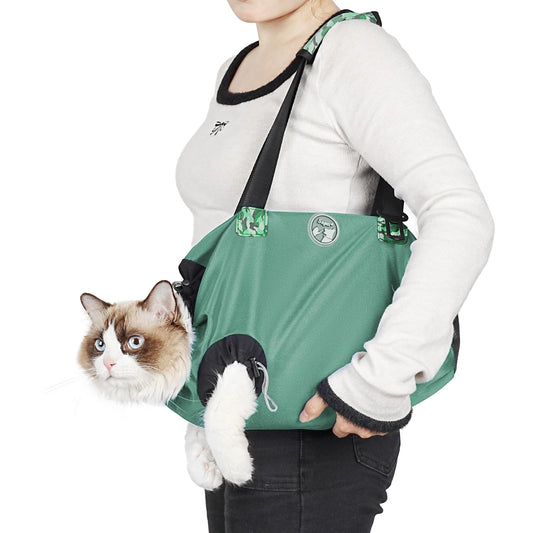 Cat Carrier Pouch for Vet Visits Breathable Cat Sling Carrier for Cutting Nails Grooming Travel Medication Pet Carrier for Cats Cat Restraint Carry Bag Cat Carrier Soft (GreenM)