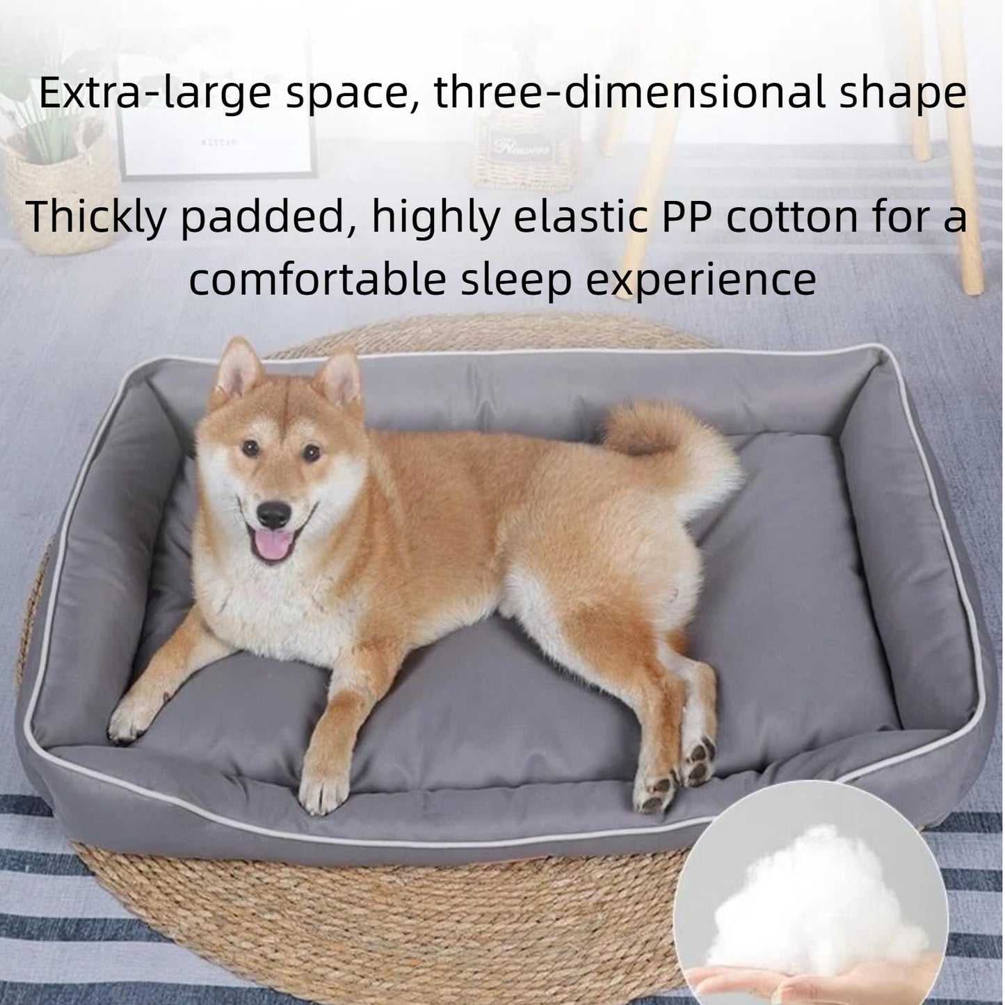 Dog lying on a gray pet bed with text about its features.