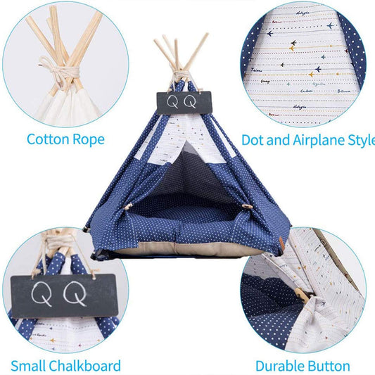 Pet teepee with star pattern and a sleeping dog inside
