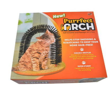 Purrfect Arch cat grooming product packaging with a cat on a white background