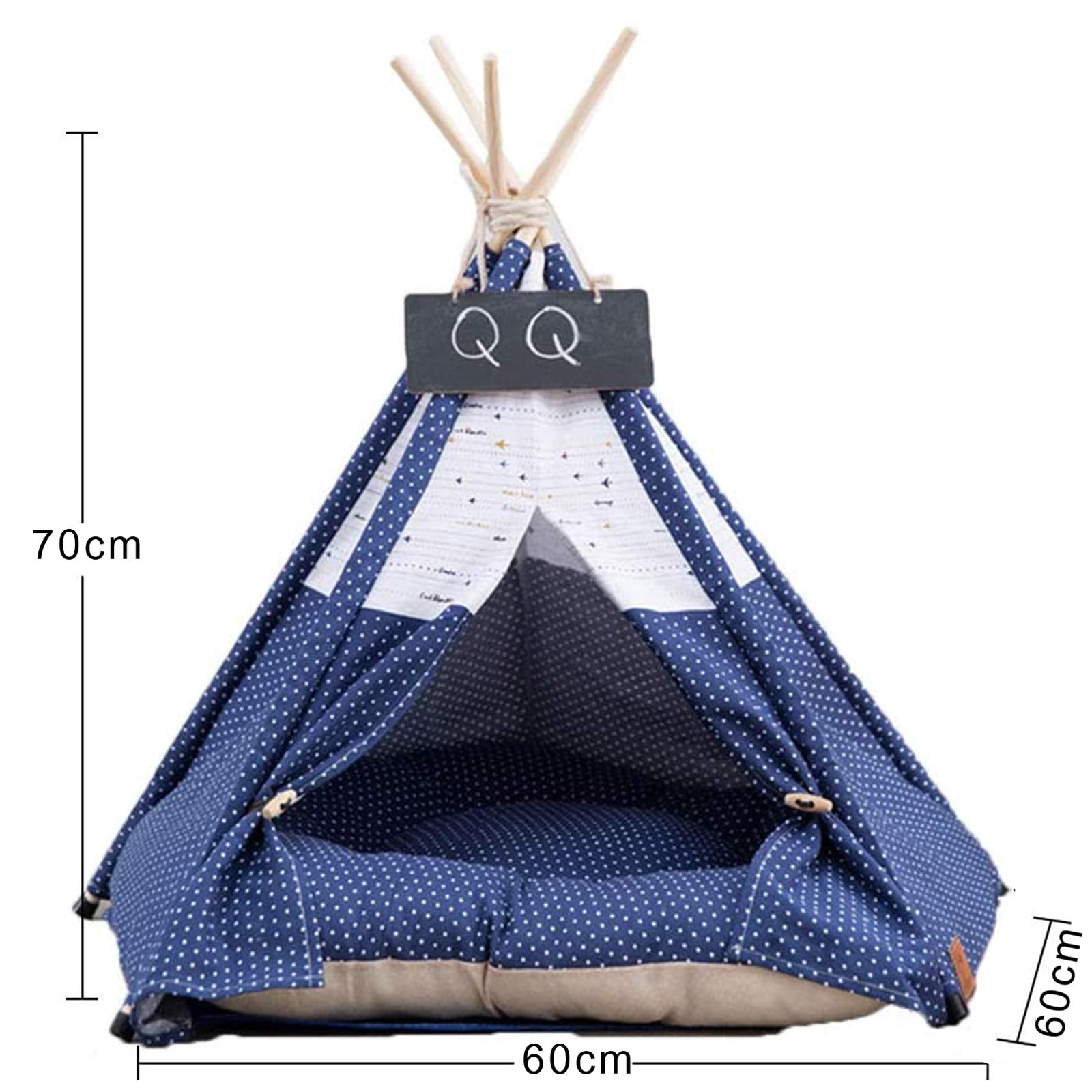 Pet teepee with star pattern and a sleeping dog inside