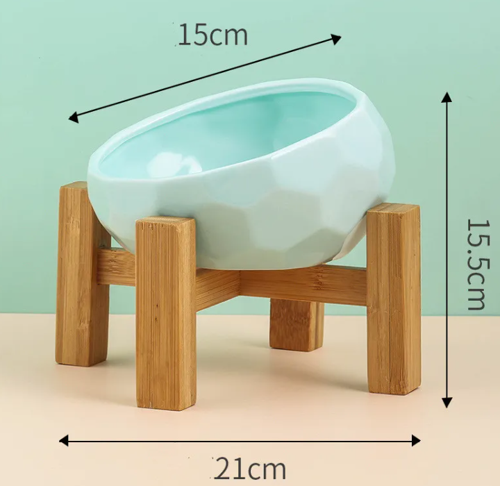 Tilted Ceramic Pet Bowl with Wooden Stand – Ergonomic Design for Cats & Dogs