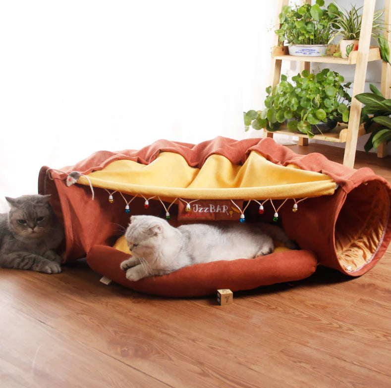 2-in-1 Collapsible Cat Tunnel for Indoor Bed and Hideout - Pet Dog Rabbit Bunny Ferret Tunnel Tubes Toys with Removable Washable Mat, Tower Wheel Stuff