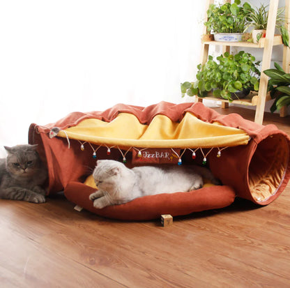 2-in-1 Collapsible Cat Tunnel for Indoor Bed and Hideout - Pet Dog Rabbit Bunny Ferret Tunnel Tubes Toys with Removable Washable Mat, Tower Wheel Stuff