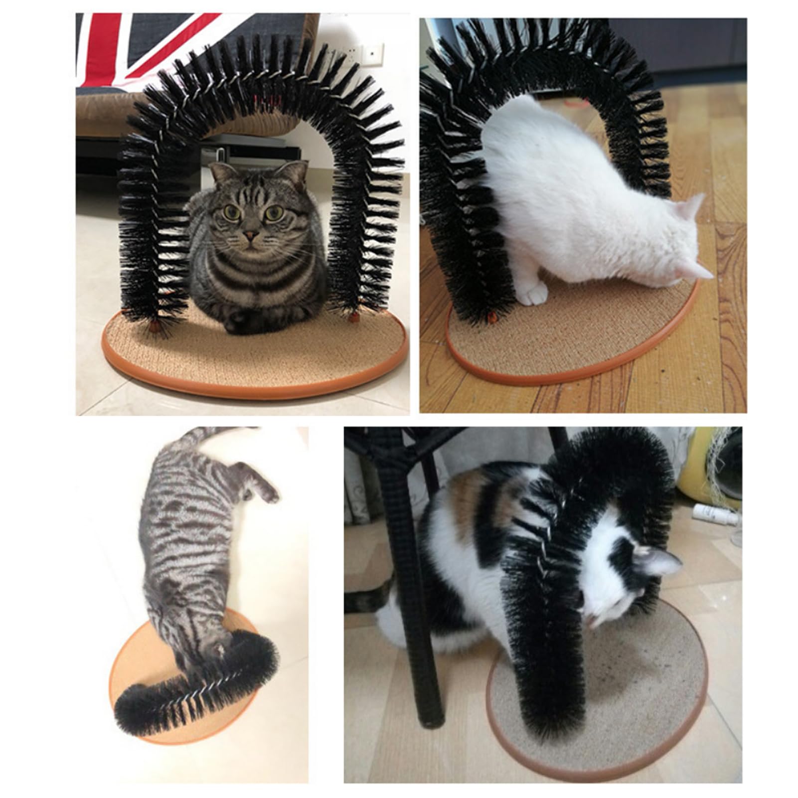 Collage of cats using a pet grooming brush with a Union Jack flag in the background.