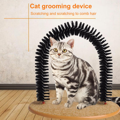 Cat grooming device with a cat sitting on it, on a wooden floor.