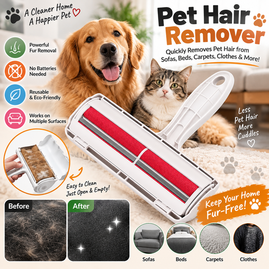 Pet hair remover brush shown on a beige carpet with a golden retriever and tabby cat in the background, plus feature callouts, a before/after pet hair comparison, and small icons for sofa, bed, carpet, and clothes cleaning.
