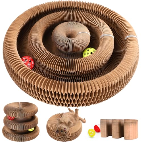 Collapsible cardboard cat tunnel with toys on a white background