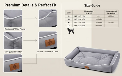Dog bed with size guide and features on a beige background