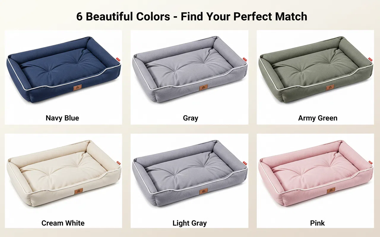 Dog beds in various colors including navy blue, gray, army green, cream white, light gray, and pink on a beige background.