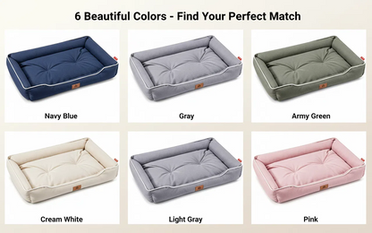 Dog beds in various colors including navy blue, gray, army green, cream white, light gray, and pink on a beige background.