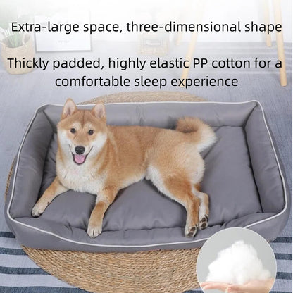 Dog lying on a gray pet bed with text about its features.