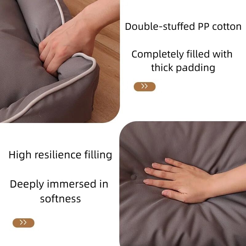 Gray bean bag chair with hand indentation, highlighting double-stuffed PP cotton and thick padding.