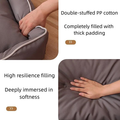 Gray bean bag chair with hand indentation, highlighting double-stuffed PP cotton and thick padding.