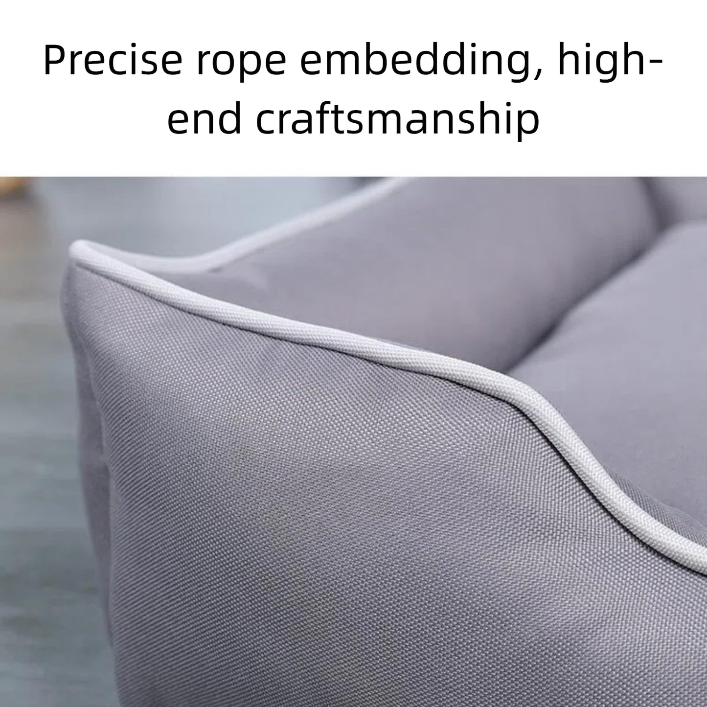 Gray cushion with precise rope embedding and high-end craftsmanship text