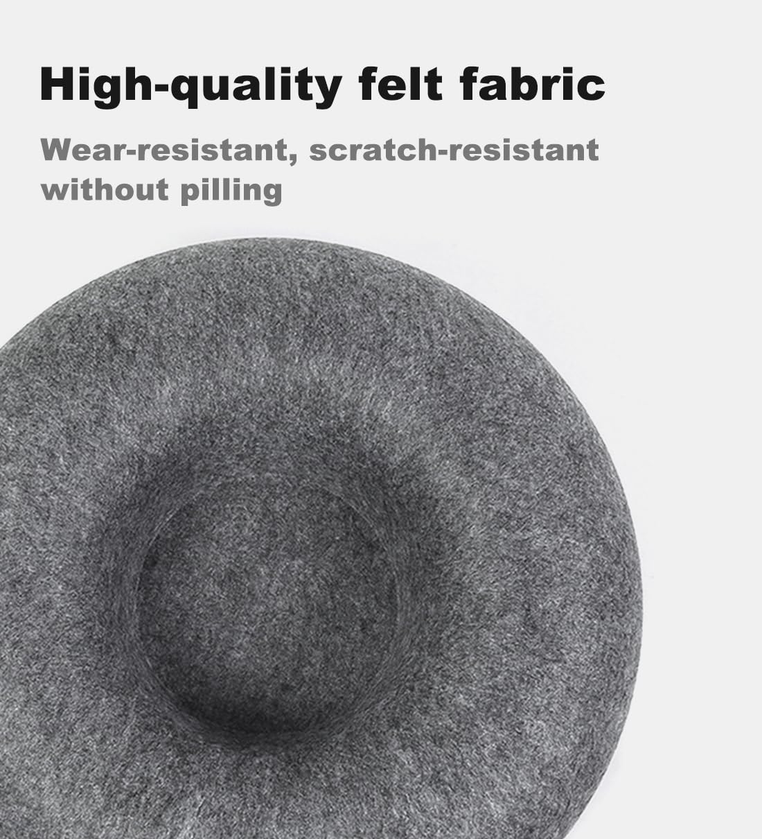 Gray felt fabric donut-shaped object with text on high-quality felt fabric properties.