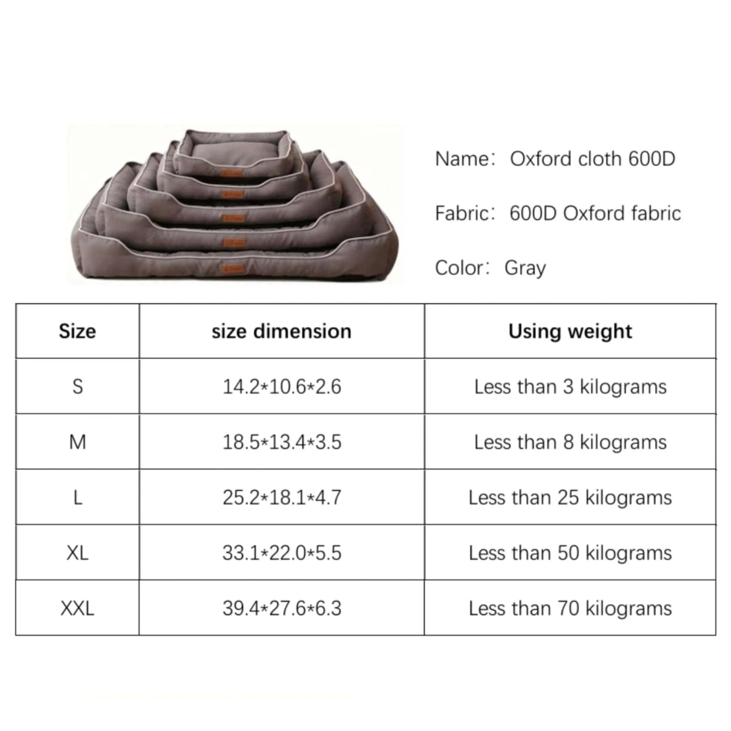 Gray pet bed with size chart and product details on a white background