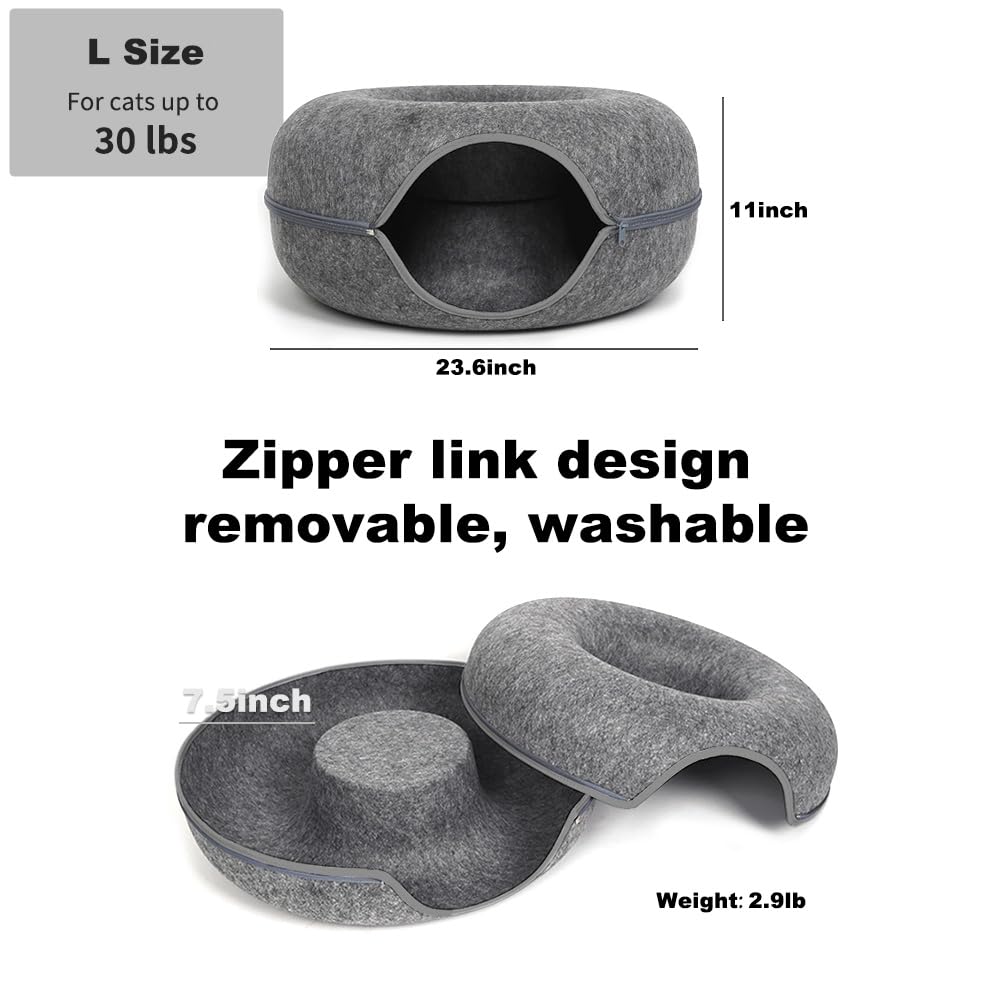 Gray pet bed with dimensions and features on a white background