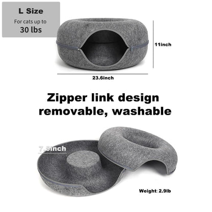 Gray pet bed with dimensions and features on a white background