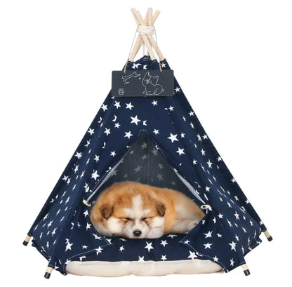 Pet teepee with star pattern and a sleeping dog inside