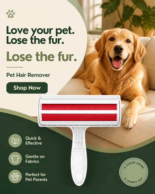 A pet hair remover tool is centered over an ad-style scene with a golden retriever on a couch and promotional text reading 'Love your pet. Lose the fur.