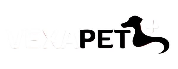 VEXAPET+ logo on a featuring the text 'VEXAPET' with 'VEXAP' in white and 'PET' in black, alongside a black dog silhouette and white plus sign.