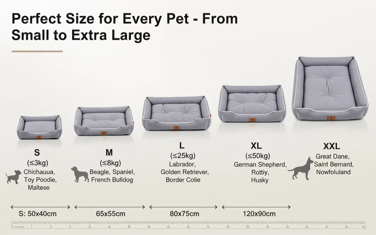 Size chart for pet beds with pet weight limits and dimensions.