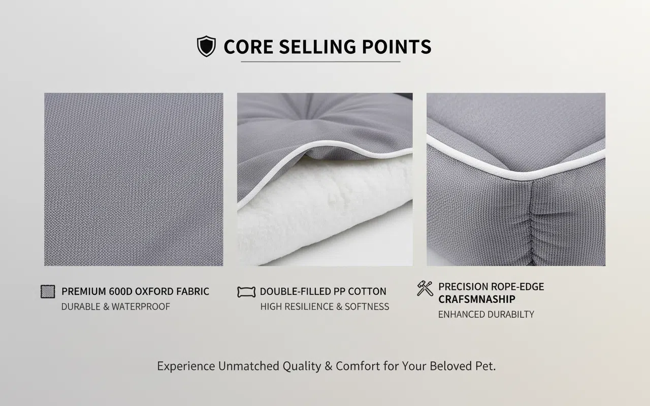 Product description slide highlighting core selling points with fabric texture and craftsmanship details.