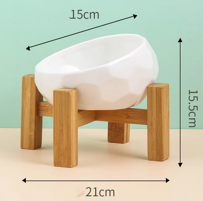 Tilted Ceramic Pet Bowl with Wooden Stand – Ergonomic Design for Cats & Dogs