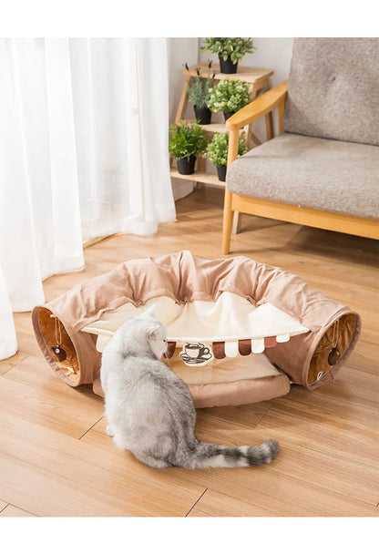 2-in-1 Collapsible Cat Tunnel for Indoor Bed and Hideout - Pet Dog Rabbit Bunny Ferret Tunnel Tubes Toys with Removable Washable Mat, Tower Wheel Stuff
