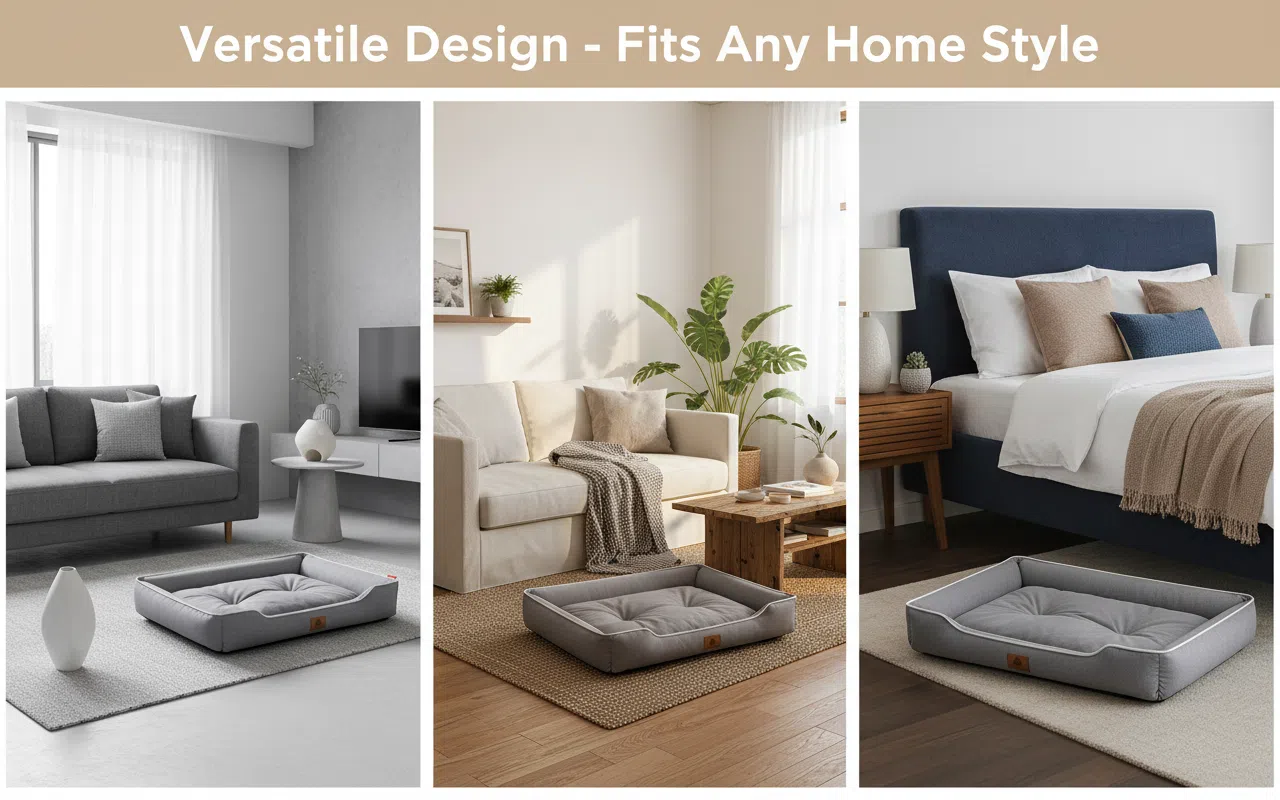 Gray pet bed shown in various home settings to demonstrate versatility.