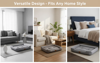 Gray pet bed shown in various home settings to demonstrate versatility.