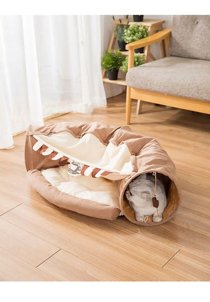 2-in-1 Collapsible Cat Tunnel for Indoor Bed and Hideout - Pet Dog Rabbit Bunny Ferret Tunnel Tubes Toys with Removable Washable Mat, Tower Wheel Stuff