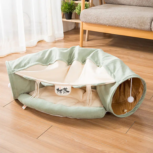 2-in-1 Collapsible Cat Tunnel for Indoor Bed and Hideout - Pet Dog Rabbit Bunny Ferret Tunnel Tubes Toys with Removable Washable Mat, Tower Wheel Stuff