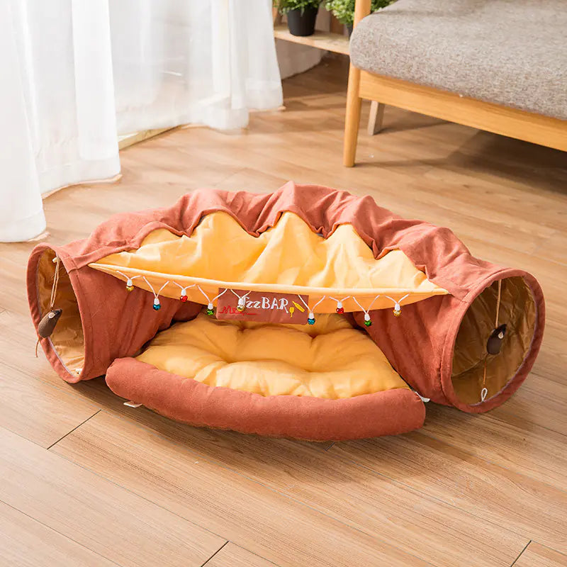 2-in-1 Collapsible Cat Tunnel for Indoor Bed and Hideout - Pet Dog Rabbit Bunny Ferret Tunnel Tubes Toys with Removable Washable Mat, Tower Wheel Stuff