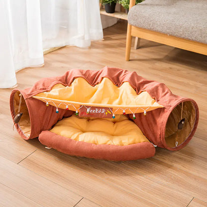2-in-1 Collapsible Cat Tunnel for Indoor Bed and Hideout - Pet Dog Rabbit Bunny Ferret Tunnel Tubes Toys with Removable Washable Mat, Tower Wheel Stuff