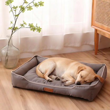 Dog sleeping on a gray pet bed in a room with a vase and plant.