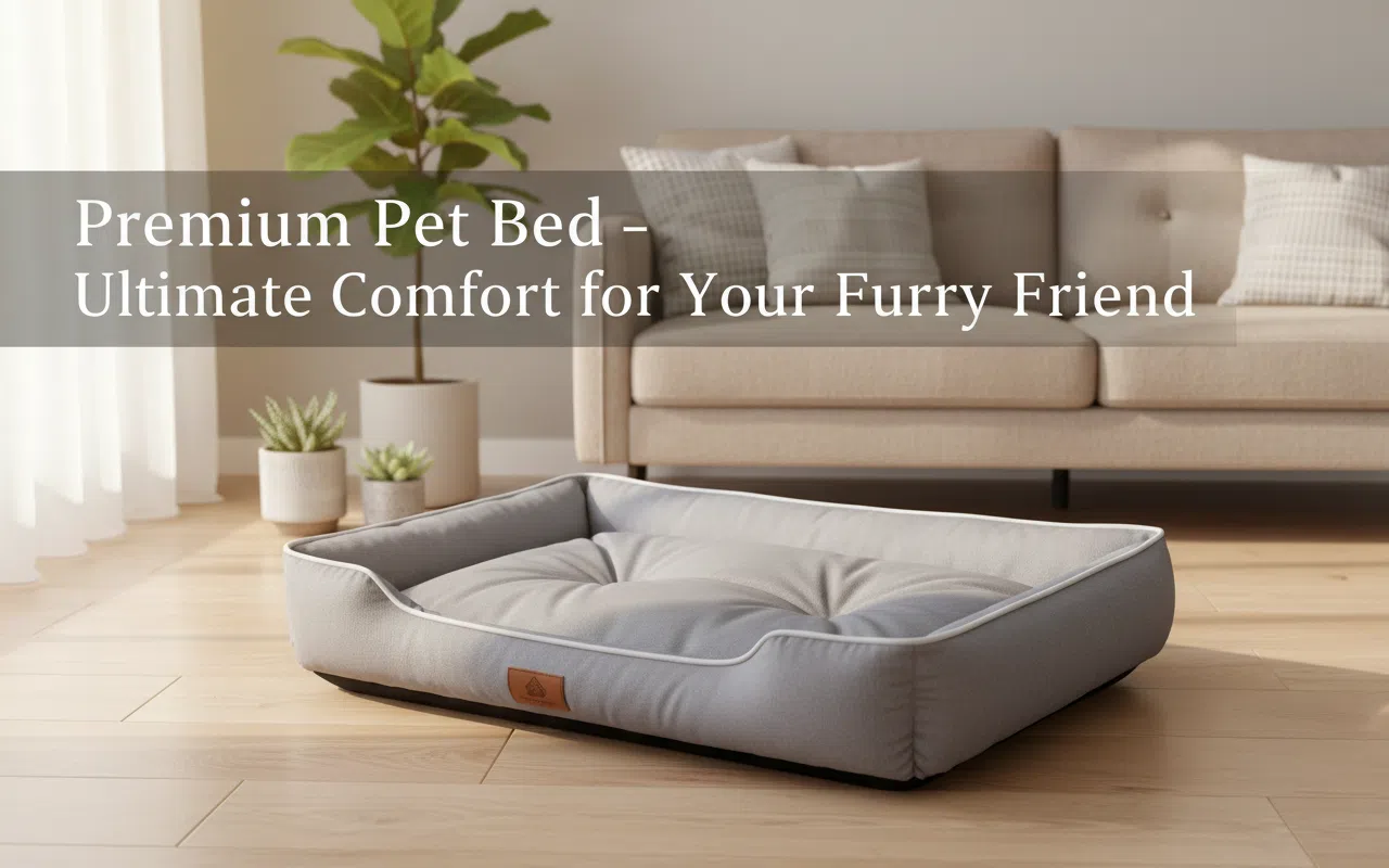 Gray pet bed in a living room setting with text about premium pet comfort.