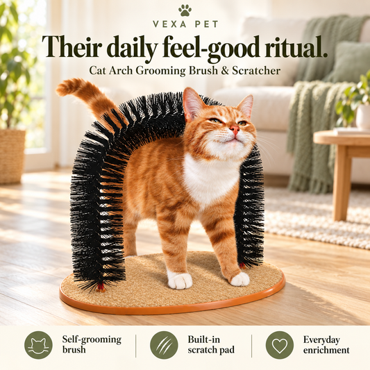 Ginger and white cat using the black grooming arch on a tan scratch pad, with the headline Their daily feel-good ritual.