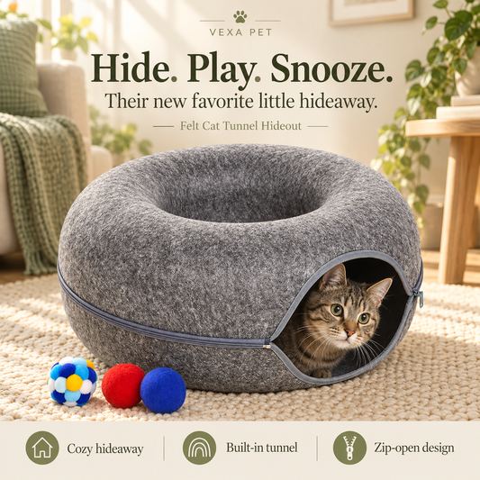 Gray felt cat tunnel hideout with a tabby cat peeking out, three play balls, and the headline Hide. Play. Snooze.